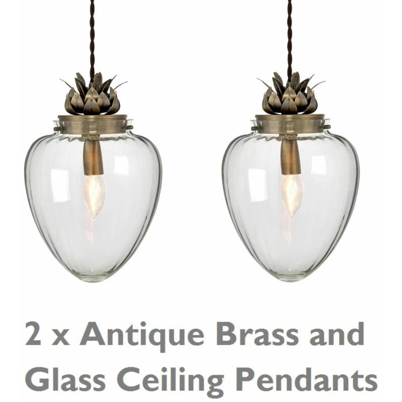 Pair of Glass & Antique Brass Ceiling Pendants