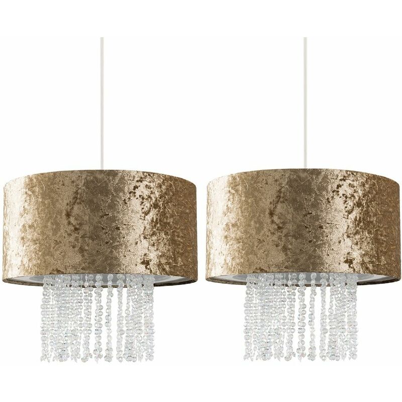 Minisun - 2 x Gold Velvet Ceiling Pendant Light Shades With Clear Acrylic Droplets + 10W LED Bulbs Warm White