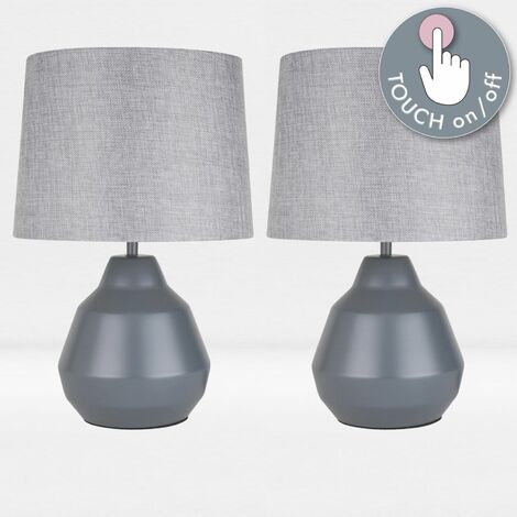 Pair of Grey 39cm Touch Lamps with Grey Shades - Grey and textured grey cotton