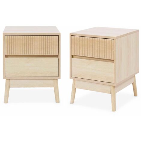 Pair of grooved bedside tables with wooden effect, Linear, Natural, 39x40x48 cm