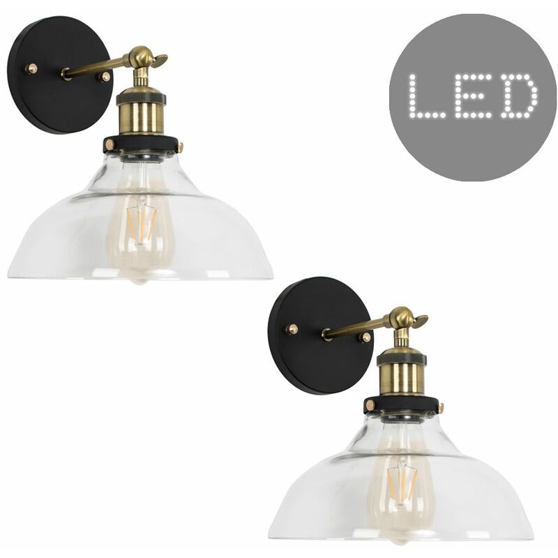 Minisun - 2 x Industrial Black & Gold Wall Light Fittings Clear Glass Wide Shade Light Shades - Add LED Bulb