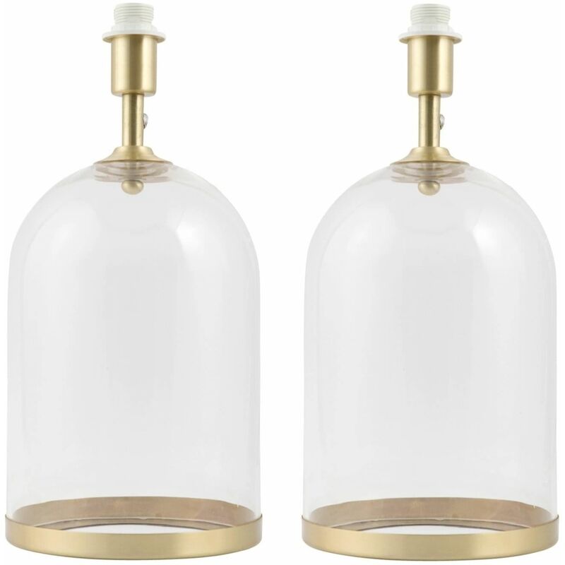 Image of First Choice Lighting - Pair of Large Satin Brass and Glass Cloche Table Lamp Bases - Clear glass with satin brass plate detail