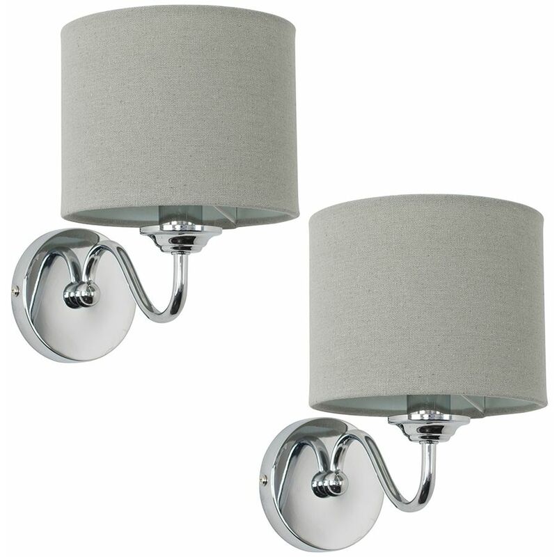 Minisun - 2 x Chrome Curved Arm Wall Light Fittings With Grey Linen Shades