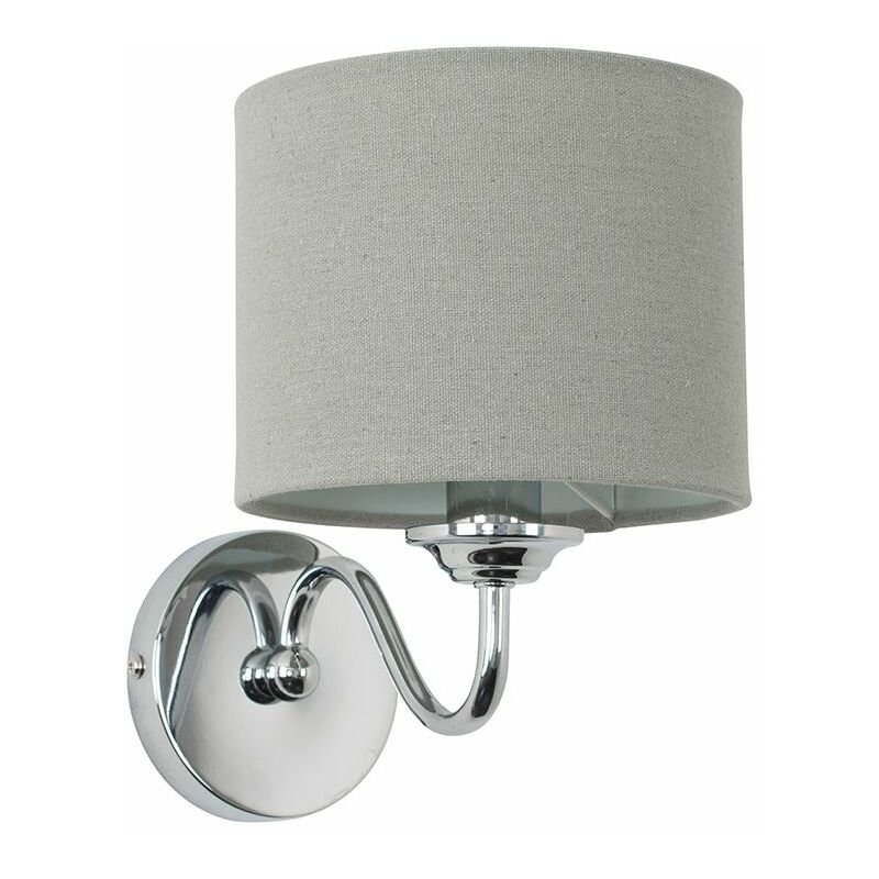 Minisun - 2 x Chrome Curved Arm Wall Light Fittings With Grey Linen Shades - 4W LED Candle Bulbs Warm White
