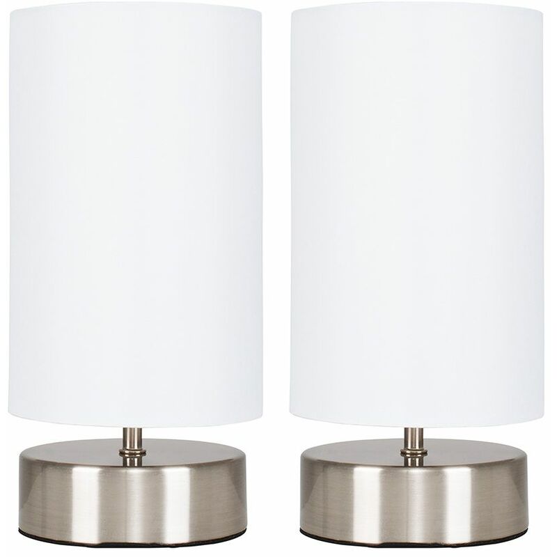 2 x Chrome Touch Dimmer Bedside Table Lamps with Light Shades - White