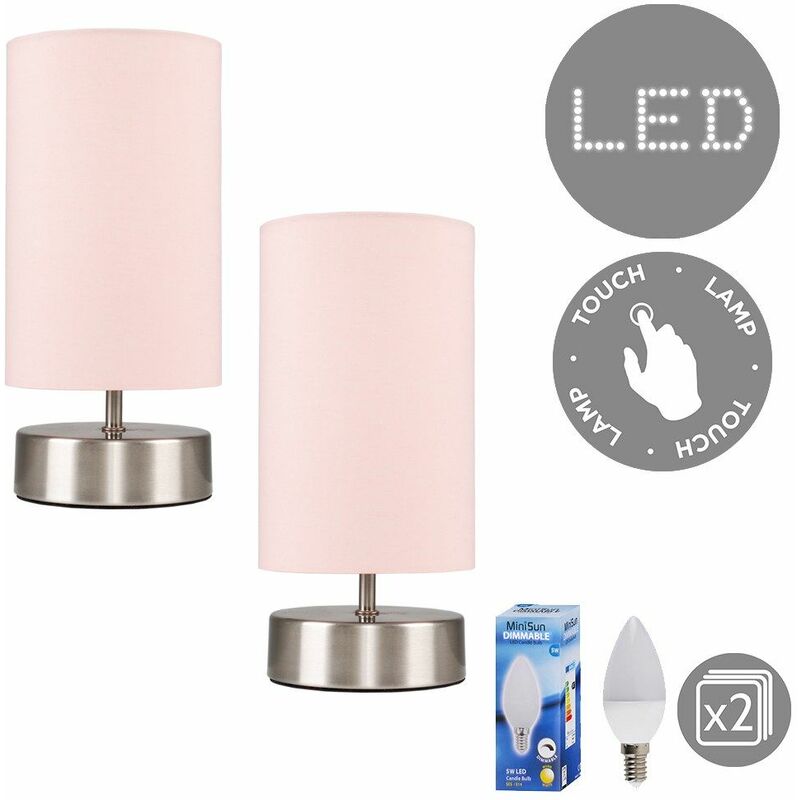 Valuelights - 2 X Chrome Touch Dimmer Bedside Table Lamps + Pink Light Shades 5W Led Candle Bulbs - Warm White