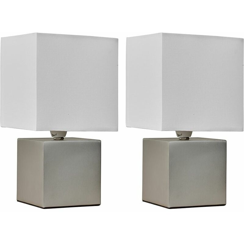 2 x Cube Touch Dimmer Bedside Table Lamps - Brushed Chrome - No Bulb