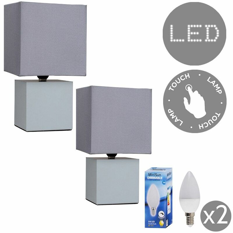 2 x Cube Touch Dimmer Bedside Table Lamps - Grey - Including LED Bulb