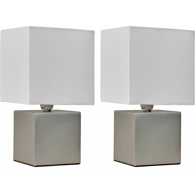 2 x Cube Touch Dimmer Bedside Table Lamps - Brushed Chrome - Including LED Bulb