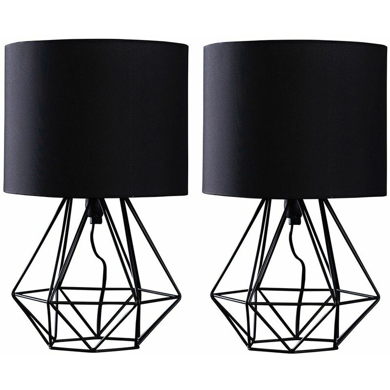 2 x Metal Basket Cage Table Lamps + 4W LED Golfball Bulbs - Black & Black