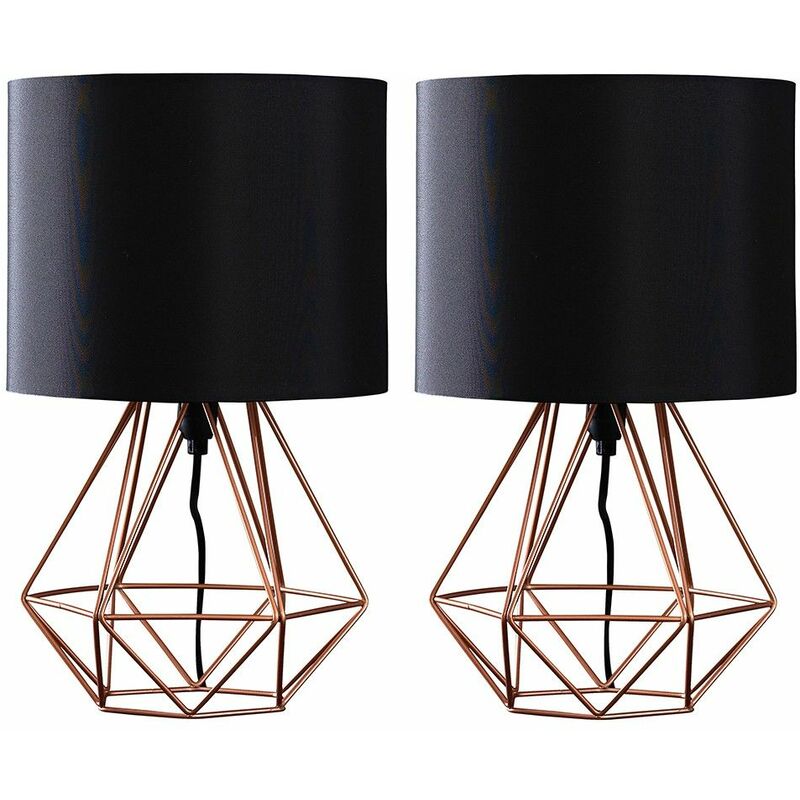 2 x Metal Basket Cage Table Lamps + 4W LED Golfball Bulbs - Copper & Black