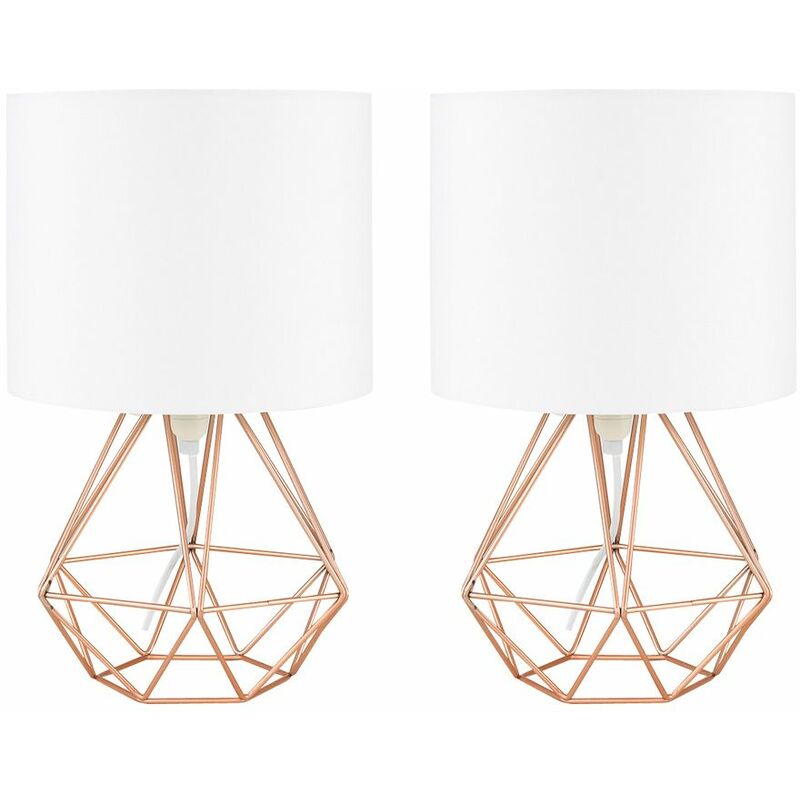 2 x Cage Table Lamps - Copper & White