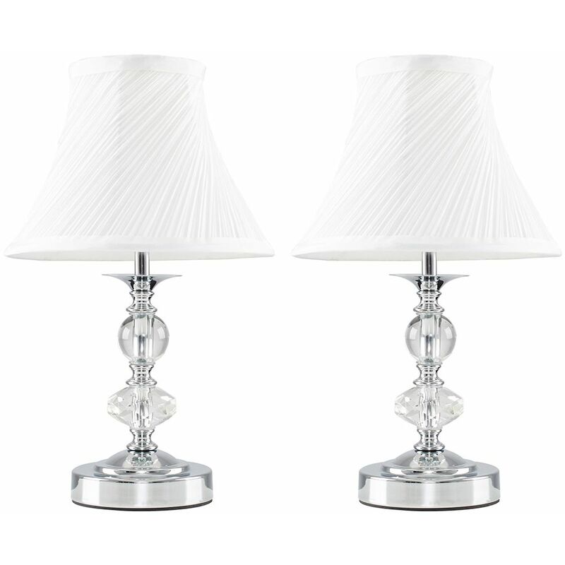 2 x Chrome Touch Dimmer Table Lamps + Pleated White Shades + LED Candle Bulbs - Warm White