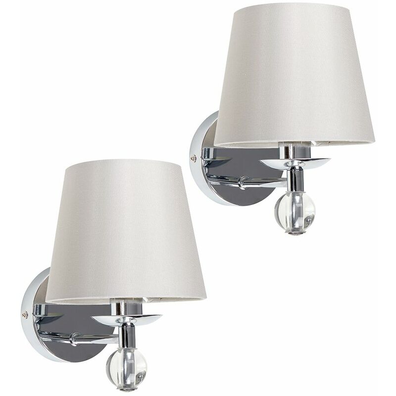 Minisun - 2 x Chrome & Clear K9 Lead Crystal Detail Wall Light + Grey Fabric Shades