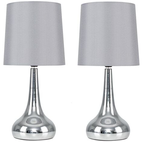 MINISUN Modern Silver Chrome Teardrop Touch Bed Side Table Lamps With Grey Fabric Shades