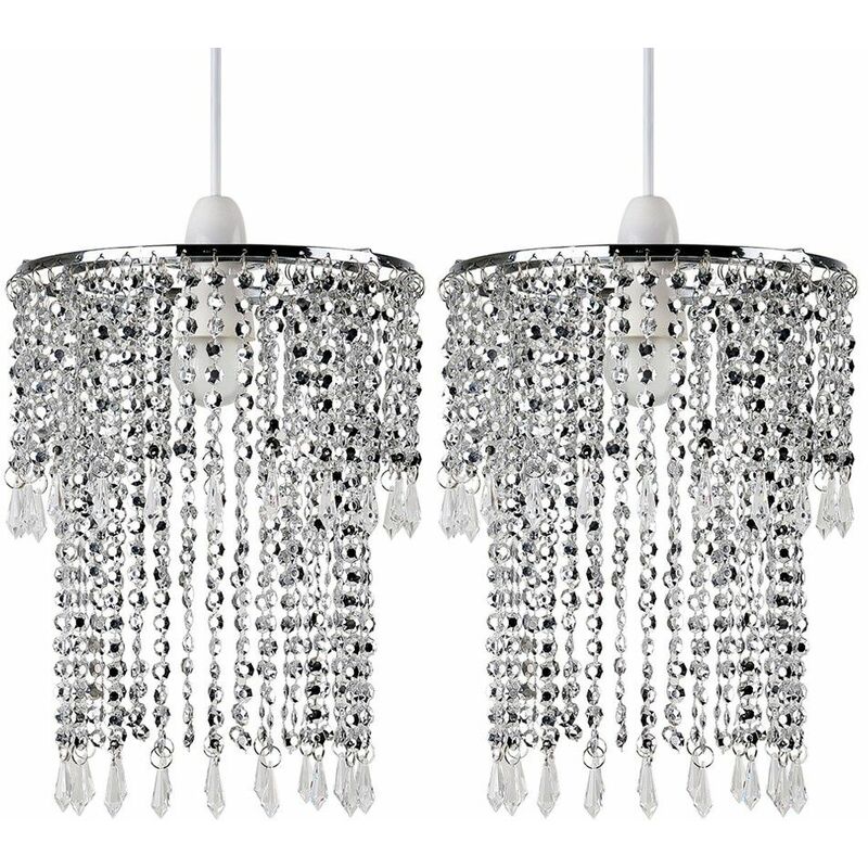 2 x Sparkling Chrome Acrylic Crystal Jewel Bead Ceiling Pendant Light Shades + 10W LED GLS Bulbs - Warm White