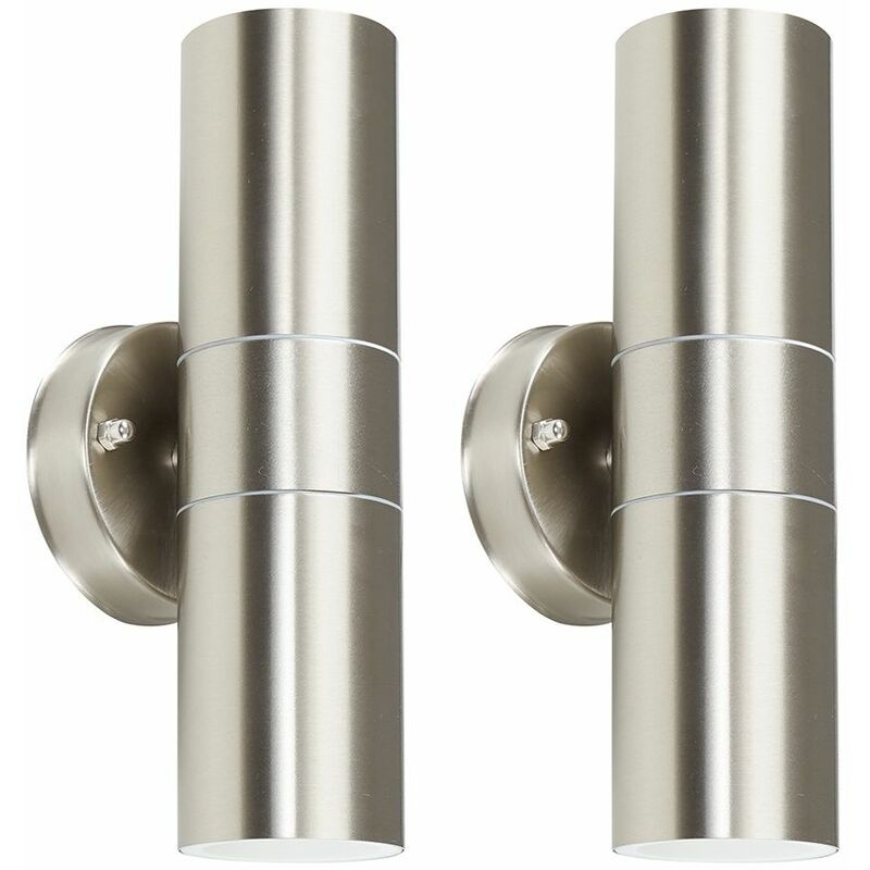 2 x Stainless Steel Up/Down IP44 Outdoor Security Wall Lights - Add LED Bulbs