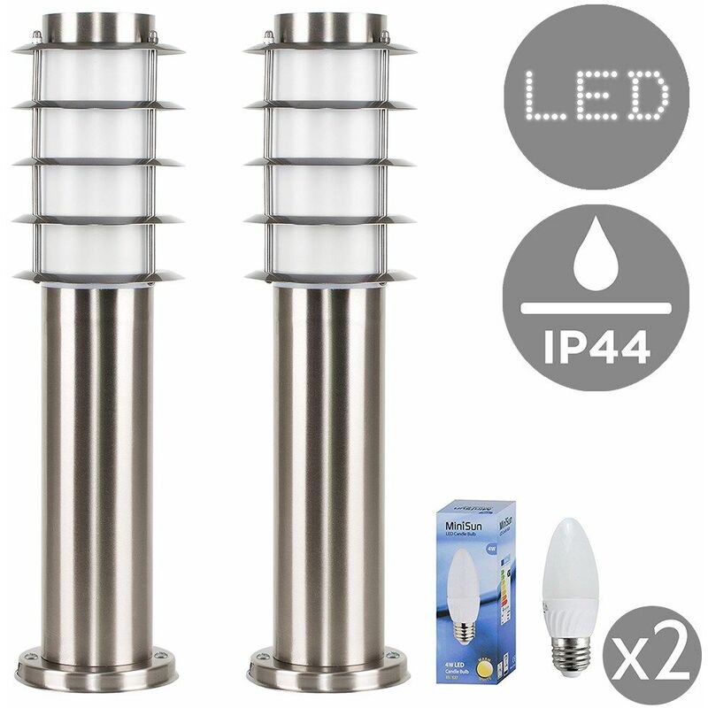 Minisun - 2 x Outdoor Stainless Steel Bollard Lantern Light Post 450mm - Add LED Bulbs