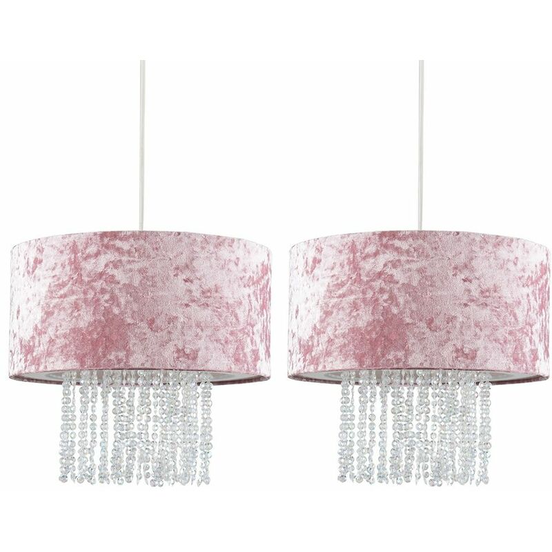 Minisun - 2 x Pink Velvet Ceiling Pendant Light Shades With Clear Acrylic Droplets + 10W LED Bulbs Warm White