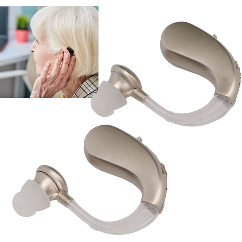 pair of rechargeable hearing aid earphones, low noise, built-in battery, 450-3400 Hz, silver