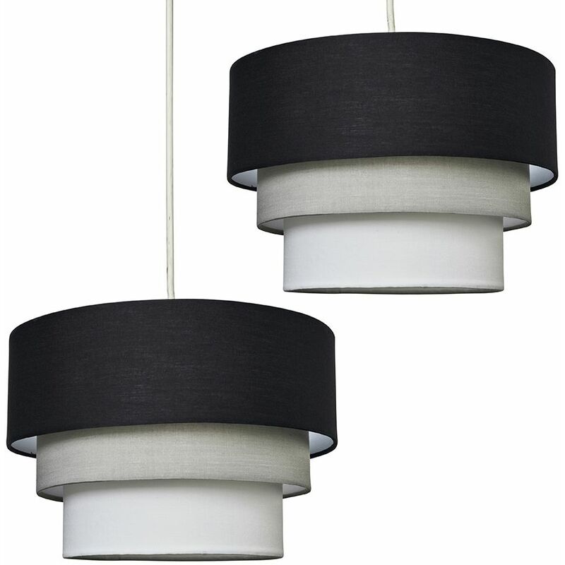 Minisun - 2 x Round 3 Tier Black, Grey & White Fabric Ceiling Pendant Lamp Light Shades + 10W LED GLS Bulbs - Warm White