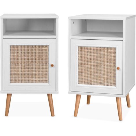 Pair of scandi-style bedside tables with cupboard, Boheme, Blanc cassé, 39x40x70 cm
