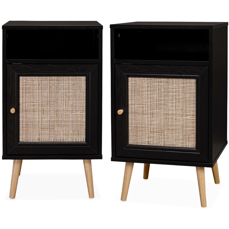 Sweeek - Pair Of Scandi-style Bedside Tables With Cupboard, Boheme, Black, 39x40x70 Cm