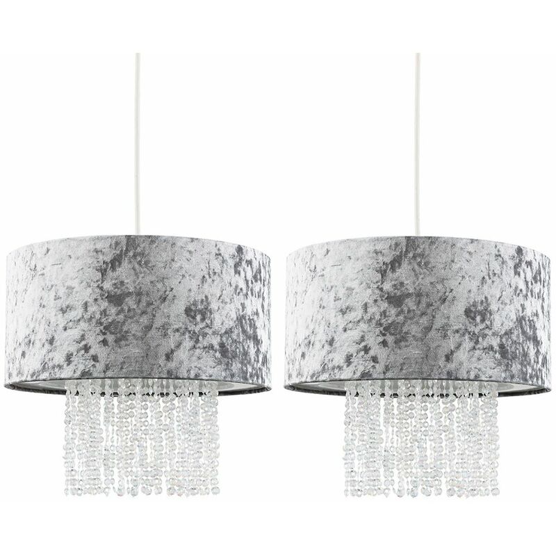 2 x Silver Grey Velvet Ceiling Pendant Light Shades With Clear Acrylic Droplets