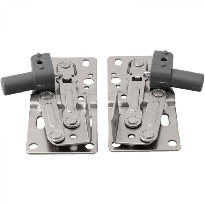 pair of soft-close, drop-down hinges with damping design, tilt-up door support frame