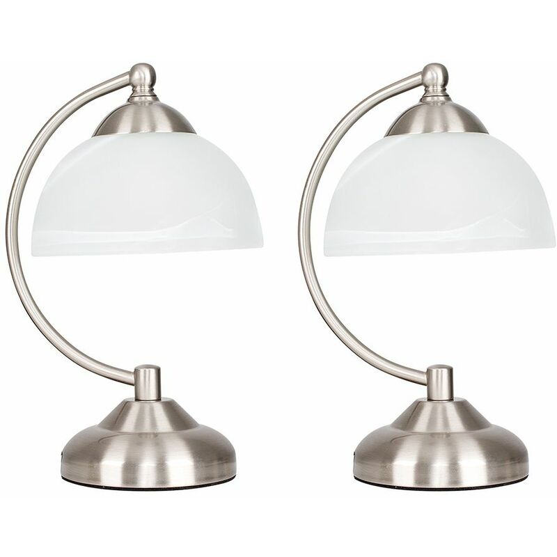 2 x Stamford Crescent Table Lamp with Glass Shade - Brushed Chrome - Including LED Bulb