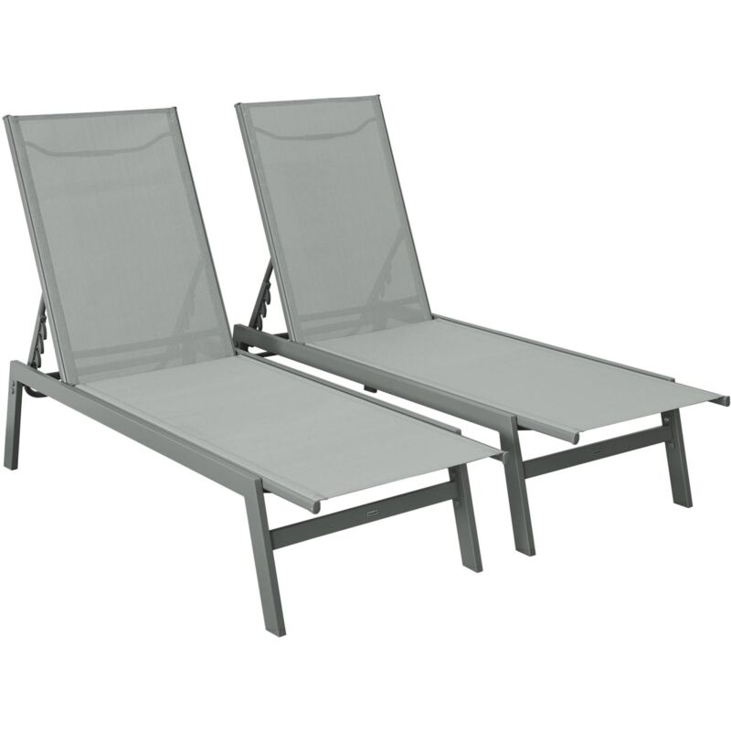 Sweeek Set Of 2 Multi-position Deckchairs, Textilene And Steel Khaki Green 155x59x106 Cm - Flora