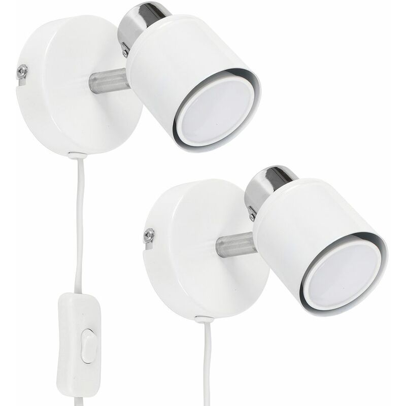 Pair Of White Chrome Single Adjustable Ceiling Wall Spotlights Plug Cable Switch