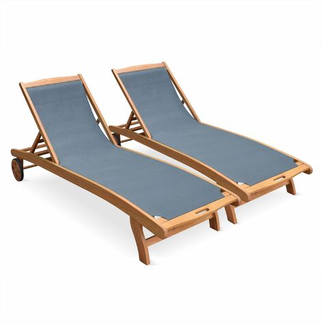 Pair of wooden and textilene sun loungers Anthracite 196x68x91 cm - Marbella