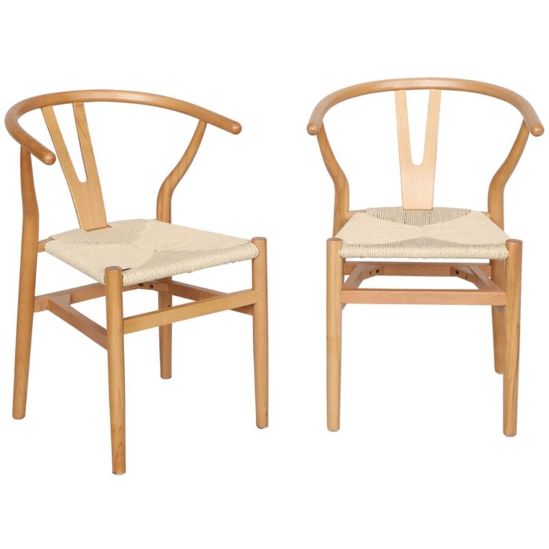 Sweeek - Set Of Two Vintage Rubberwood Natural Chairs With Rope Seat And Rounded Backrest
