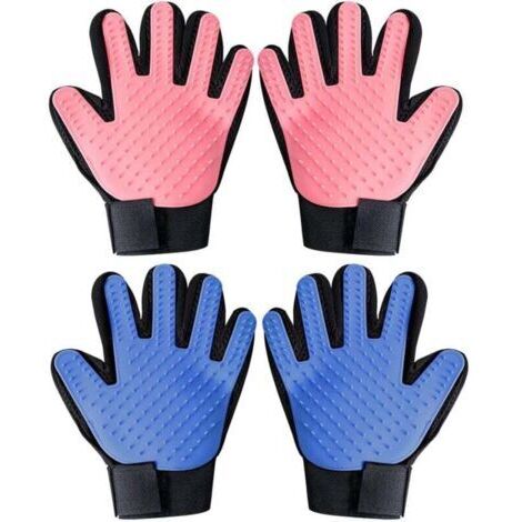 Pair Paire de gants de toilettage pour chat, brosse pour animaux, gants de toilettage pour mains gauche et droite, poils courts et longs, bleu clair/rouge - Lot de 4