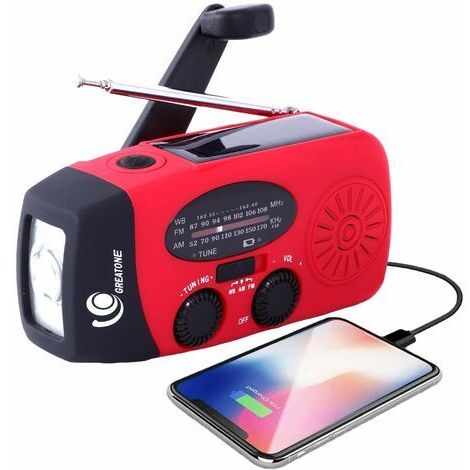 Pair - Radio météo d'urgence à manivelle auto-alimentée AM/FM NOAA solaire portable pour camping avec lampe de poche LED, charge portable 2000 mAh pour téléphone Survival Pack 071 (rouge)