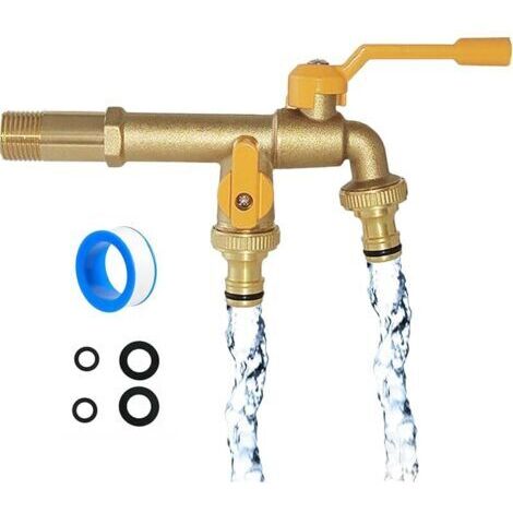 Pair Robinet Exterieur Jardin à Double Sortie, Répartiteur de Tuyau en Laiton Inoxydable 2 Voies avec Entrée 1/2 et 2 Sorties 3/4 Pouces, Kit de Robinet Extérieur pour Jardin, Maison, Industrie