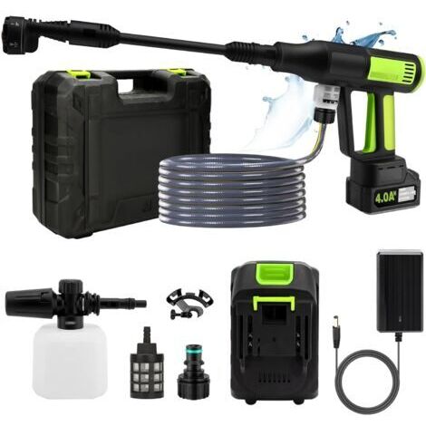 Pair - SJLERST Nettoyeur Haute Pression Buse 6 en 1, 1000 PSI Nettoyeur Haute Pression sans Fil avec 1 Batteries, Nettoyeur Haute Pression Batterie avec Tuyau, Pot en Mousse, Adapté pour Nettoyer Les 
