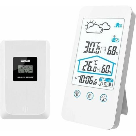 Pair Station météo sans Fil, Thermomètre numérique intérieur sans Fil pour intérieur Baromètre d'humidité Horloge de Station météo avec capteur extérieur (Blanc) zhuoxuan
