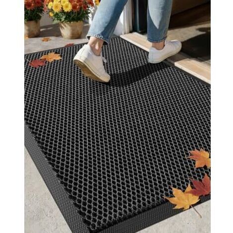 Pair Tapis d'entrée élastique en soie - Tapis d'extérieur pour la maison, la terrasse et les portes - Durable, antidérapant et à séchage rapide, 43 x 76 cm, noir et gris