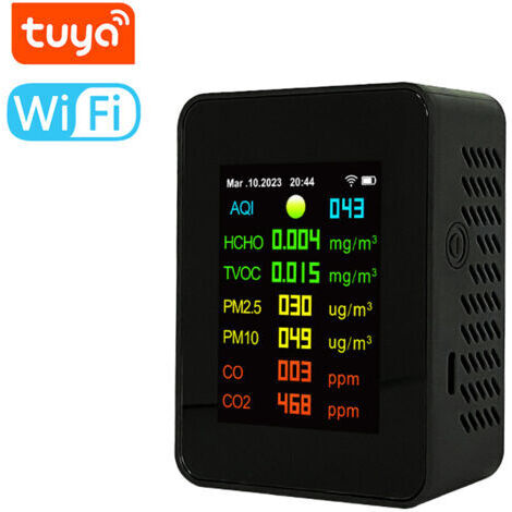 Pair - Testeur de qualité de l'air portable Tuya Wifi 7 en 1 : PM2.5, PM10, oxyde de carbone, CO2, COVT, HCHO, IQA. Écran couleur TFT, détecteur de dioxyde de carbone avec affichage de l'heure et de l