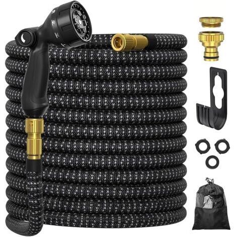 Pair Tuyau d'arrosage 15m, ULTTY Tuyau d’arrosage Extensible avec 1/2\" et 3/4\" (19mm et 13mm) Adaptateurs, 10 Modes d'Arrosage, Latex Triple Épaisseur Durable avec Raccords en Laiton et Sac, Noir