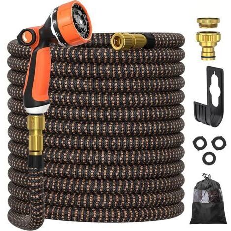 Pair Tuyau d'arrosage 15m, ULTTY Tuyau d’arrosage Extensible avec 1/2\" et 3/4\" (19mm et 13mm) Adaptateurs, 10 Modes d'Arrosage, Latex Triple Épaisseur Durable avec Raccords en Laiton et Sac, Orange