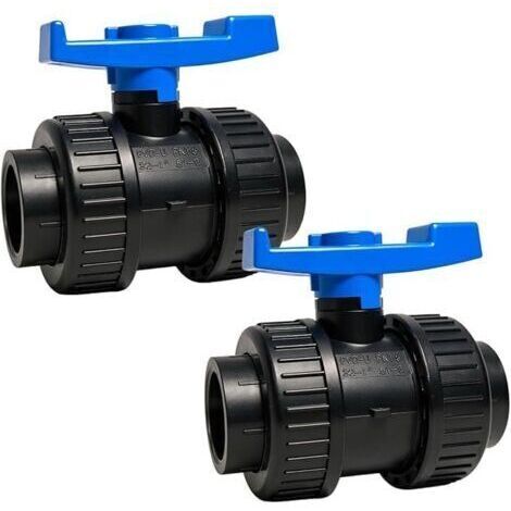 Pair Vanne à bille en PVC Ø 40 mm - Lot de 2 - Double union, soudable par solvant - Pression nominale PN16 bar - Résistante aux produits chimiques (60 °C) - Convient pour piscines, jardins, irrigation