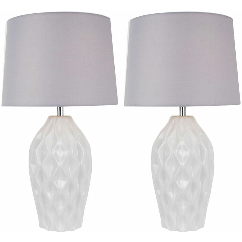 Set of 2 Textured White Gloss Glaze Ceramic Bedside Table Light with Grey Textured Cotton Fabric Shade