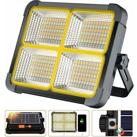Pair ZVD- Projecteur LED Rechargeable 336 LEDs/ 100W/ Panneau Solaire/ 4 Modes d'éclairage/ Batterie Externe 12000mAh/ Absorption d'aimant, Idéal pour Camping, Travail, Pêche, Couleur Noire [Classe én