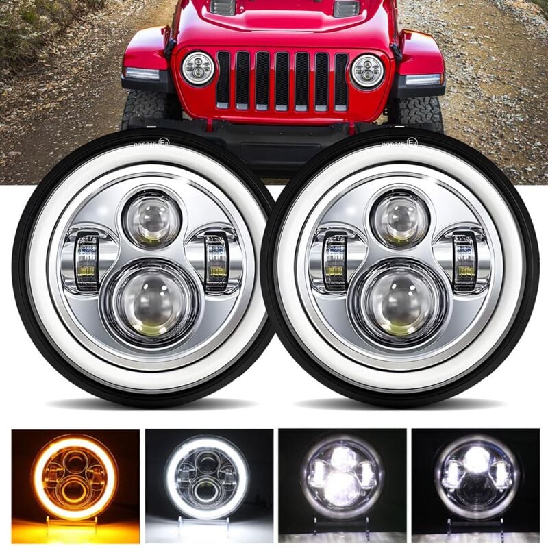 Beijiyi - Paire 7" Phare de Travail 100W 10000LM 4 Lentilles Angel Eyes 3000K+6000K 4 Modes Eclairages Rond Noir Feux led Off Road Feu Croisement