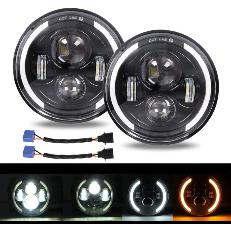 Paire 7" Phare de Travail 200W 20000LM 4 Lentilles Angel Eyes 3000K+6000K 4 Modes Eclairages Rond Noir Feux led Off Road Feu Croisement Beam pour