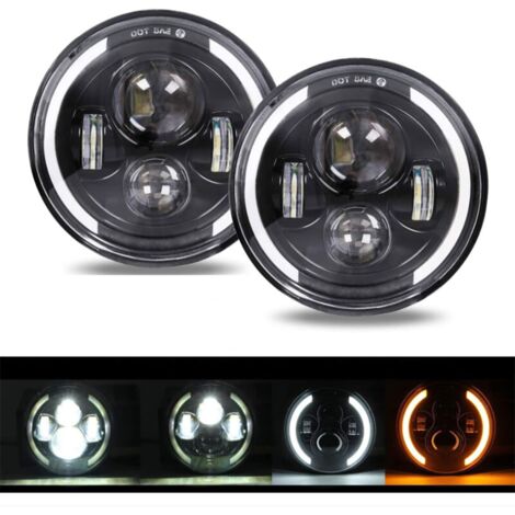 Paire 7” Phare de Travail 4 Lentilles Angel Eyes 4 Modes Eclairages Rond Noir Feux LED Off Road Feu