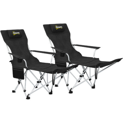 Paire de chaises de camping pliantes avec dossier inclinable, repose-pieds, sac de transport et porte-gobelet, noires